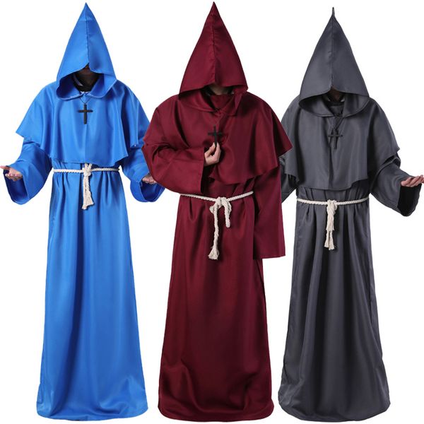 

medieval monk clothes theme costume wizard priest death robe cosplay role play halloween costumes with waist line and cross pendant, Black;red