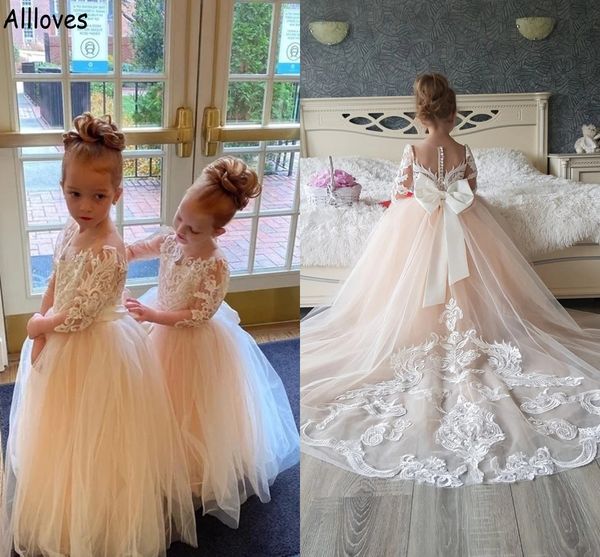 

cute nude pink flower girl dress for birthday wedding party lace appliqued infant kids first communion dress with long sleeves bow long prin, White;blue