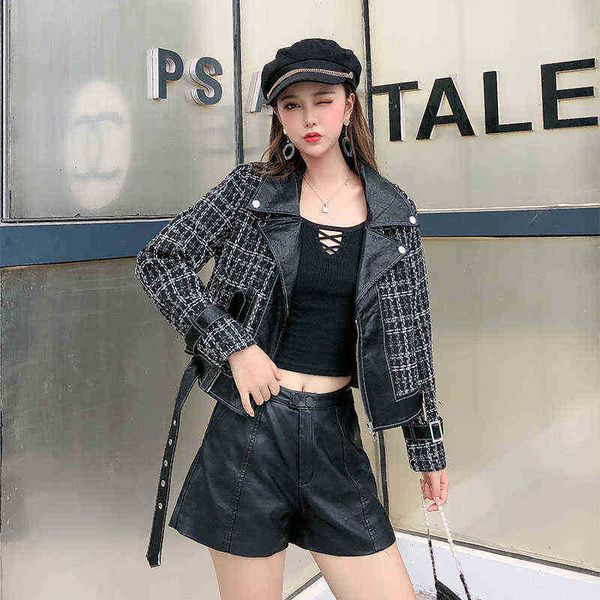 

2020 autumn new long sleeves simple jacket black women leather jacket tweed splice plaid zipper female outerwear jaqueta de couro j220727