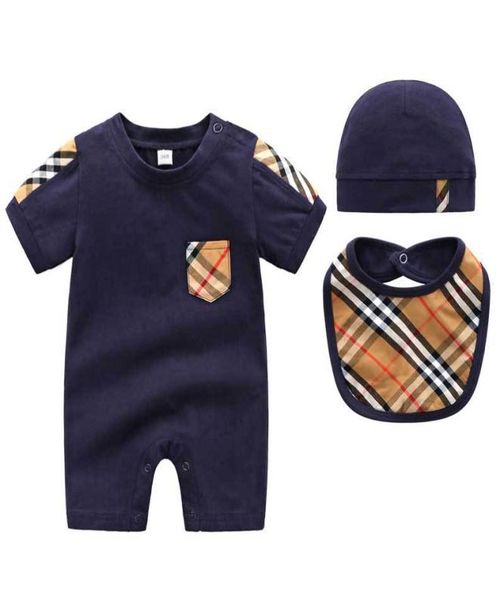

summer rompers fashion british style newborn baby clothes cotton plaid new born baby boy girls rompers hat bibs 3 set9044136, Blue