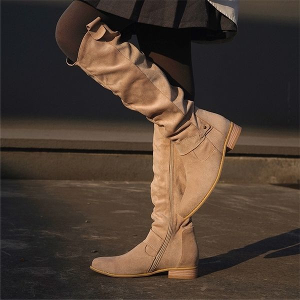 

boots autumn warm women knee zipper solid color ladies boot high heel pointed toe low pumps female shoe botas de mujer 221110, Black