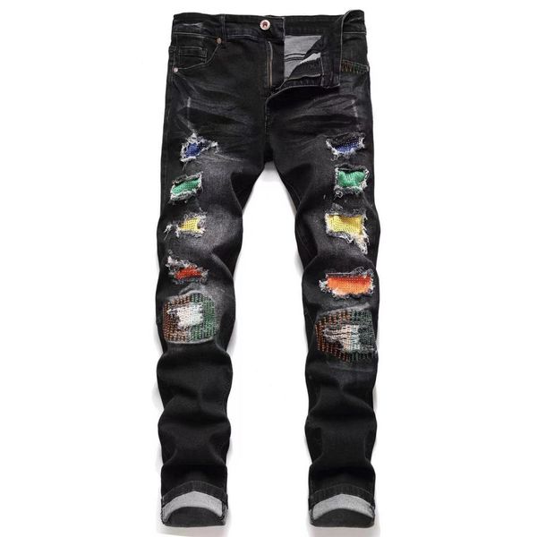 

wholesale 2028 men's jeans designer jeans distressed ripped biker slim fit motorcycle denim for men s fashion jean mans pants pour homm, Blue