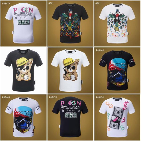 

pp fashion men's designer slim fit t-shirt summer rhinestone short sleeve round neck shirt tee skulls print streetwear c206w, White;black