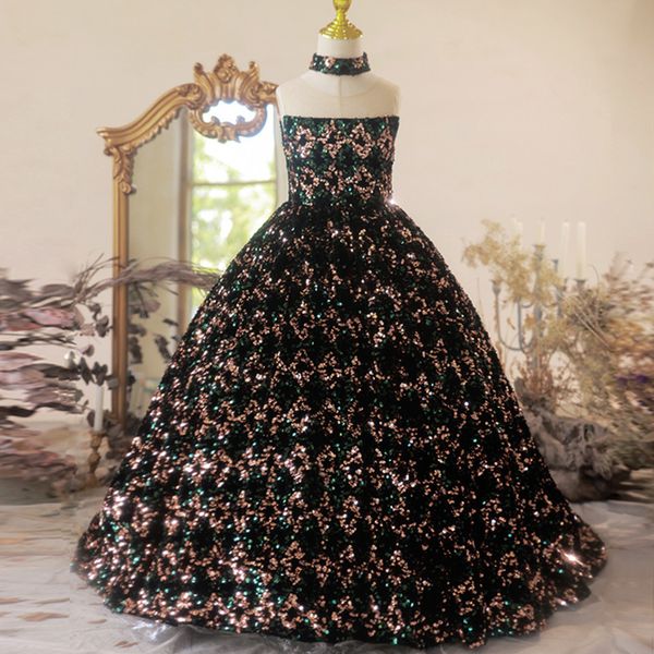 

gold sequined flower girl dresses for wedding black lace long sweep train toddler pageant gowns appliqued ball gown kids prom birthday dress, White;blue