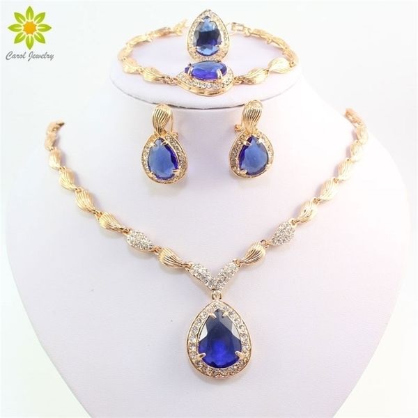 

wedding jewelry sets african beads blue zircon drop water bead bridal necklace gold color crystal 221109, Slivery;golden