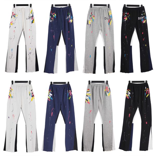 

pants trendy brand glleryes designer dept patching hand-painted ink splashing graffiti pant men's women's sports micro flare, Black