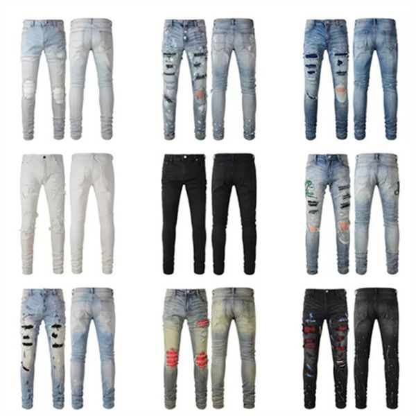 

mens designer jeans jogger pants black jeans distressed rip torn biker zipper slim fit straight hip hop regular rock stretch size 28- 40 wit, Blue