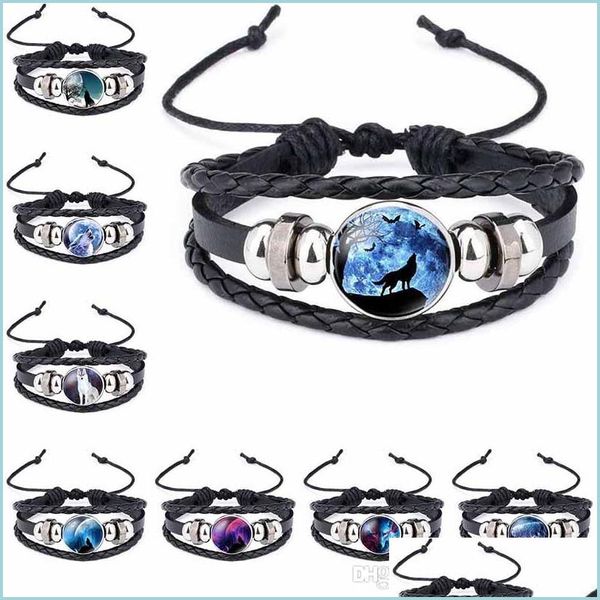 

charm bracelets moon wolf handmade glass cabochon woven leather bracelet bangles mens black punk animal bracelets hip hop jewelry dr dhpys, Golden;silver