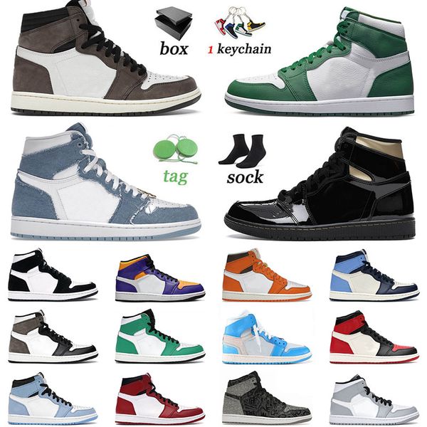 

jumpman 1 with box basketball shoes ts x 2023 jorden1s denim gorge green denim grey fog lost found university blue men women sneakers traine