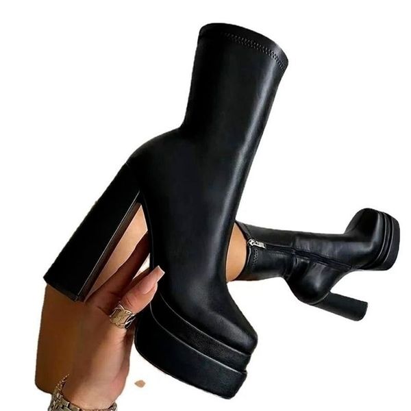 

boots chunky high heels ankle shoes for women punk style zipper thick platform elasticity microfiber 221110, Black