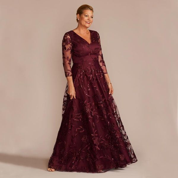 

burgundy lace mother of the bride dresses a line sequined wedding guest dress with long sleeves v neckline plus size floor length evening go, Black;red