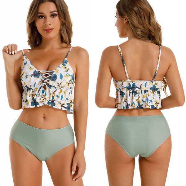 

new solid color printed splice swimsuit slim ruffle bikini, White;black