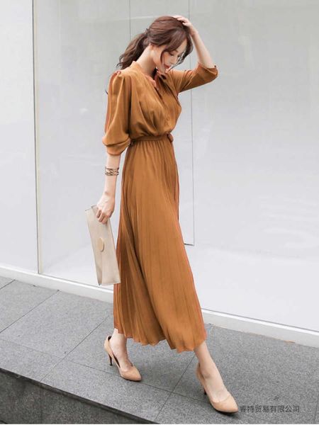 

elegant chiffon long sleeve dress women lace belt up-line pleated maxi korean fashion 2022 autumn clothes streetwear, Black;gray