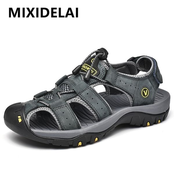 

slippers mixidelai genuine leather men shoes summer large size 's sandals fashion big 38-47 221110, Black