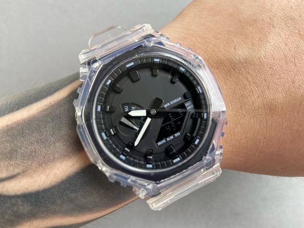 

iced out watch sports men's digital quartz watch detachable assembly ultra-thin white transparent oak series led waterproof world time, Slivery;brown