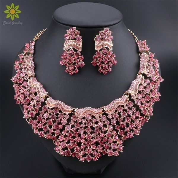 

wedding jewelry sets fashion pink crystal bridal party costume jewellery indian necklace earrings for brides women 221109, Slivery;golden
