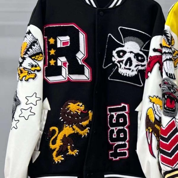 

jackets for men stitched letterman varsity skull sports baseball collar leather sleeve streetwear hip hop peace coats embriodery prx3, Black;brown