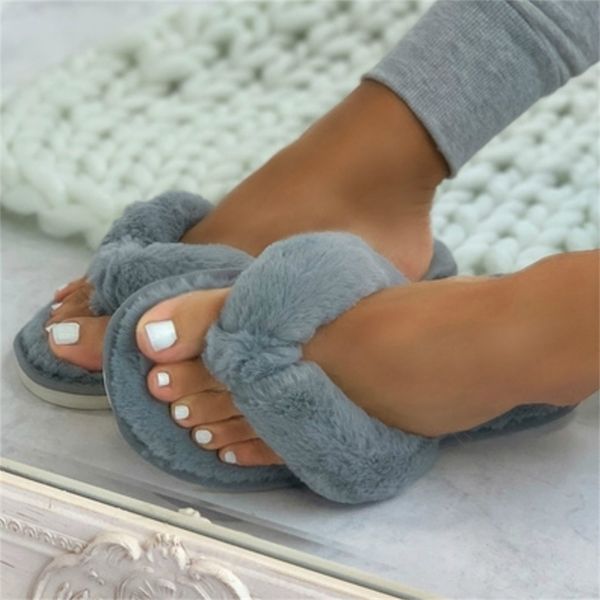 

slippers warm fluffy women cozy faux fur cross indoor floor slides flat soft furry shoes ladies female celebrities flip flops 221109, Black