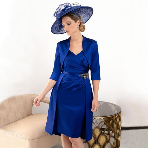 

blue sheath mother of the bride dresses with beaded sash wedding guest dress long jackets sweetheart neckline plus size satin knee length ev, Black;red