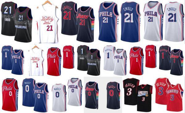 

tyrese maxey james harden joel embiid basketball t-shirt jersey 0 1 allen iverson philadelphias 76er 21 black white red blue city jersey, White;black