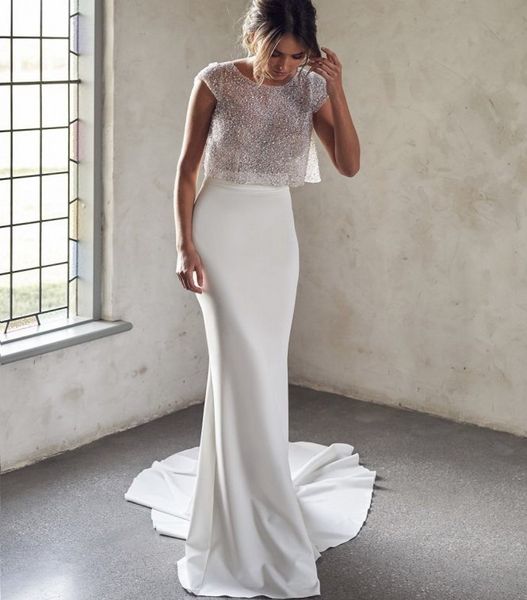 

2023 mermaid wedding dresses for bride boat neck backless sweep train beads sequined beach bridal gowns two piece robe de mariee, White