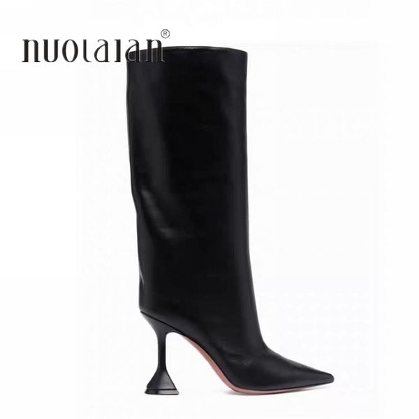

boots brand women boots autumn winter high heels shoes black white zipper woman knee big size 36-42 221110