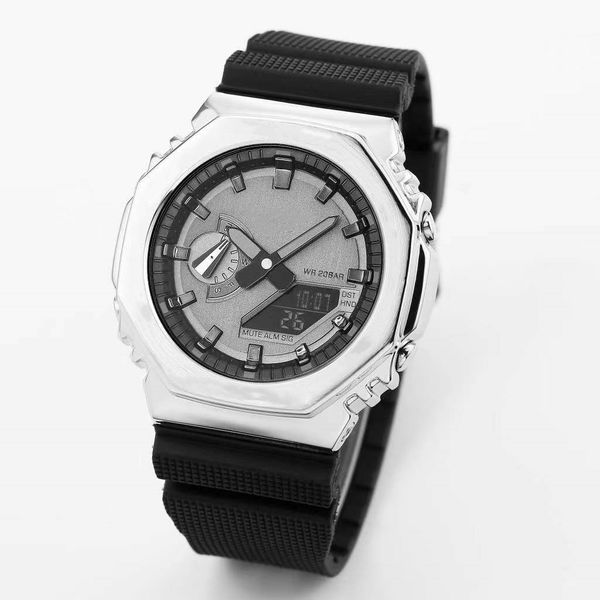 

digital sports quartz men's watch full function iced out watch grey silver ultra-thin detachable dial waterproof led gm oak series, Slivery;brown