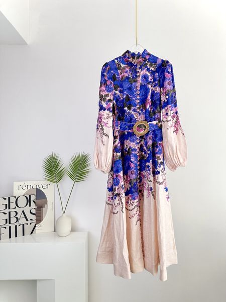 

casual dresses 2022 australian designer designed ikat flower pattern series button placket small high collar lantern sleeve mid length dress, Black;gray