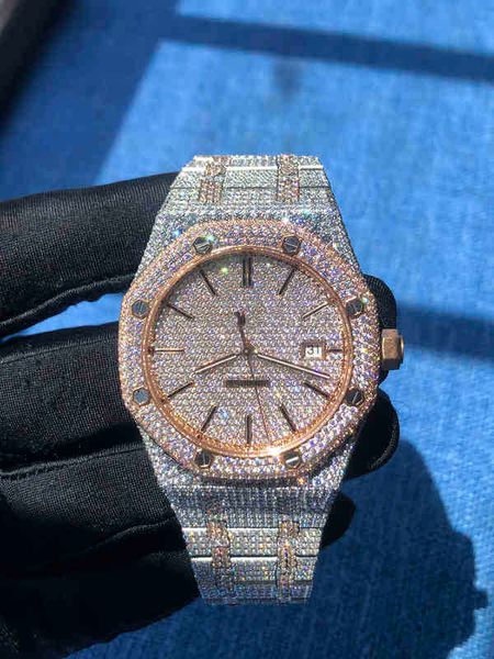 

rose gold mixed sier diamond roman numerals luxury mens icing cubic zirconia watch with box, Slivery;brown