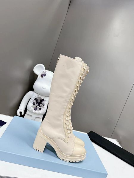 

2023 designers women boots tall high platform boots style brown leather biker boot round toe chunky heel martin boots belt buckle trim shoes, Black