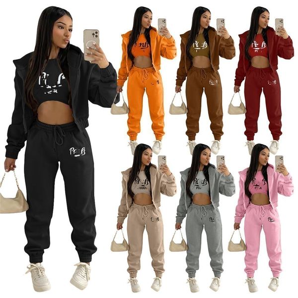 

2022 designer brand fleece tracksuits women jogging suit pink print 3 piece sets hood jacket tank pants long sleeve sweatsuits outfits casua, Gray