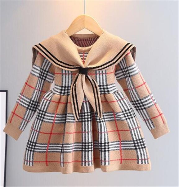 

spring autumn baby girls knitted sweater dresses fashion preppy style kids long sleeve dress coat collar children princess dress7510444, Red;yellow