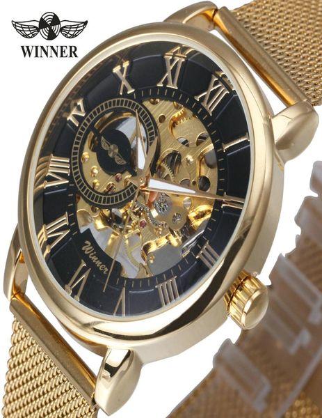 

winner brand luxury ultra thin golden men mechanical watch mesh strap skeleton dial men classic business twinner wristwatch9895341, Slivery;brown
