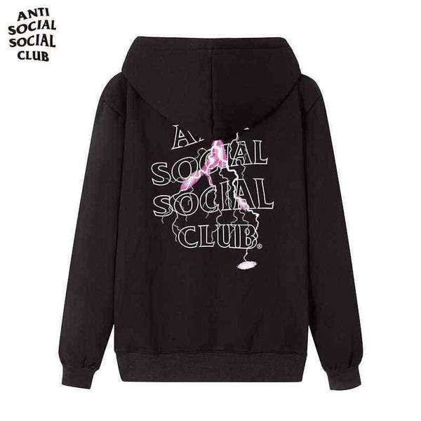 

assc pink men's lightning print hoodie autumn winter cotton loose plush terry hooded sweater men classic high street hip hop comfortabl, Black