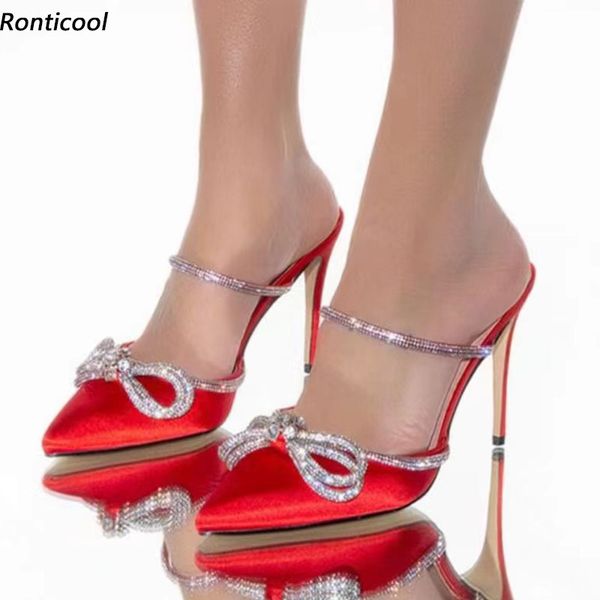 

ronticool handmade women slingback sandals knot crystal stiletto heels pointed toe pretty red party shoes us size 5-15, Black