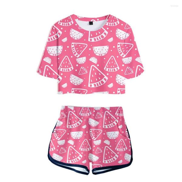 

women's two piece pants 3d printed many slices of watermelon two-piece sets fashion women exposed navel girl's short t shirt fruit, White