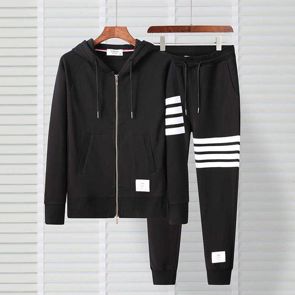

men's jackets four bar tb yarn dyed spring and autumn hooded cardigan sweater brand loose coat two-piece set, Black;brown