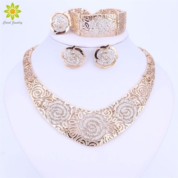 

wedding jewelry sets fashion african gold color carving flower statement crystal necklaces earring bracelet ring set 221109, Slivery;golden