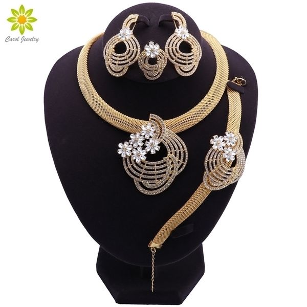 

wedding jewelry sets fashion african dubai gold color nigerian crystal necklace earrings ring women bridal accessories 221109, Slivery;golden