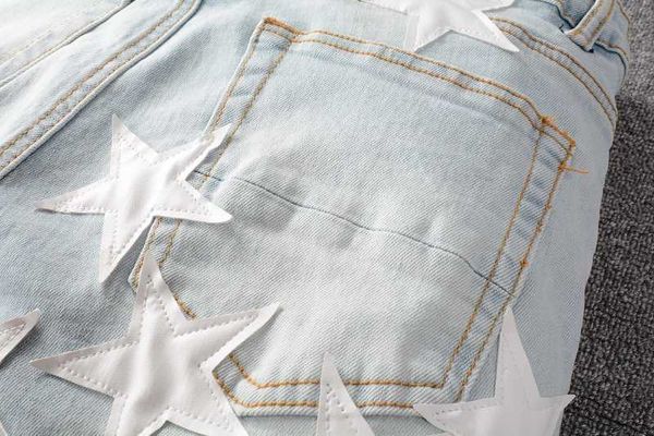 

designer jeans amira fashion high street skinned star young men denim cotton slim fit 9518 pleated wrinkled knee patch ripped am leisure, Blue
