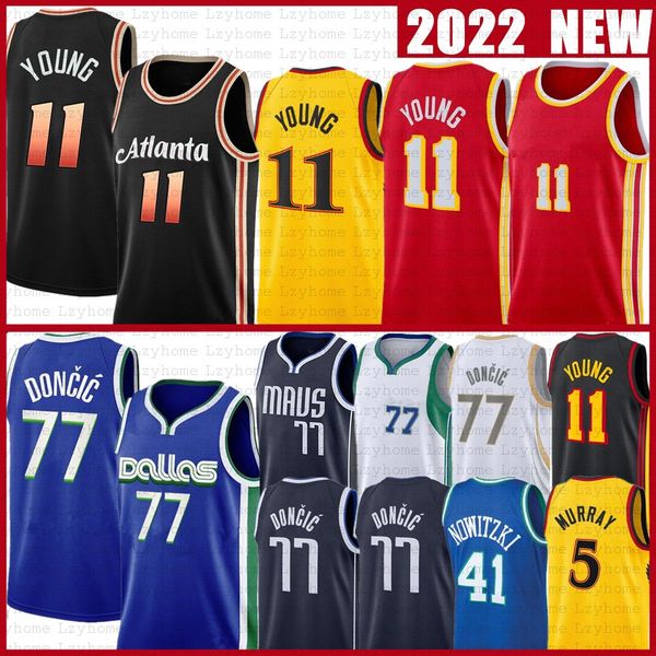 

custom 2022 23 luka doncic trae young basketball jerseys atlantas dirk nowitzki hawk dejounte murray maverick city shirt blue black edition, Black;red