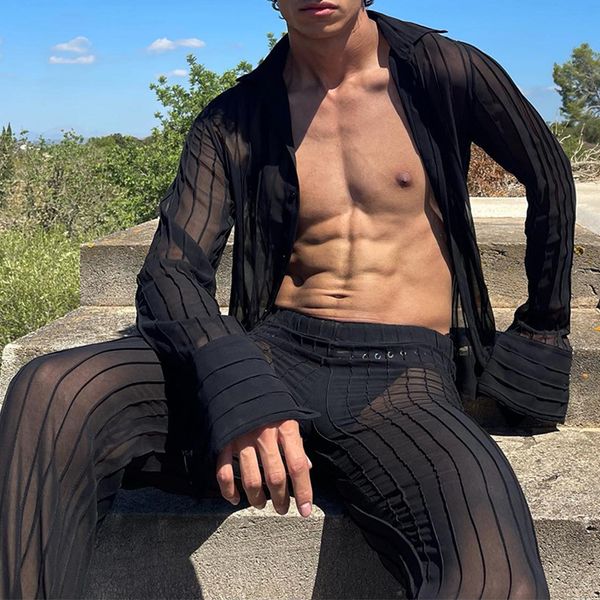 

men's tracksuits see through mesh suits mens party fashion solid two piece sets for men fall casual soft cardigan and pants pajamas hom, Gray