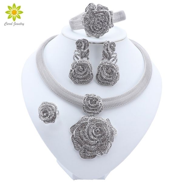 

wedding jewelry sets luxury big 4pcs set silver plated necklace earrings for women bridal party accessories saudi arabic dubai 221109, Slivery;golden