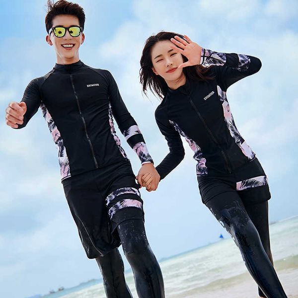 

couple bikini split swimsuit diving suit split sunscreen men's and women's long sleeved trousers zipper, White;black