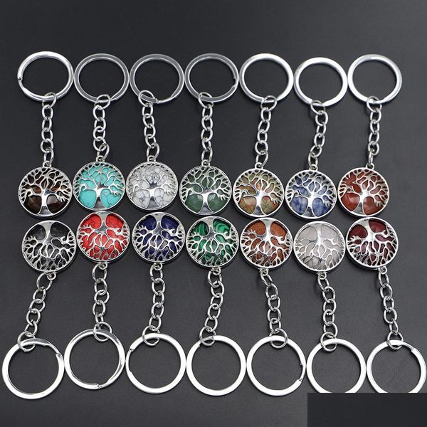 

key rings fashion tree of life key rings natural stone pendant keychain quartz stones pink crystal keychains accessories drop delive dhz7r, Slivery;golden