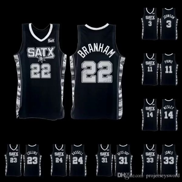

custom spur 22 malaki branham 2022-23 edition black jersey 3 keldon johnson 7 josh richardson 11 joshua primo blake wesley zach collins devi, Black;red