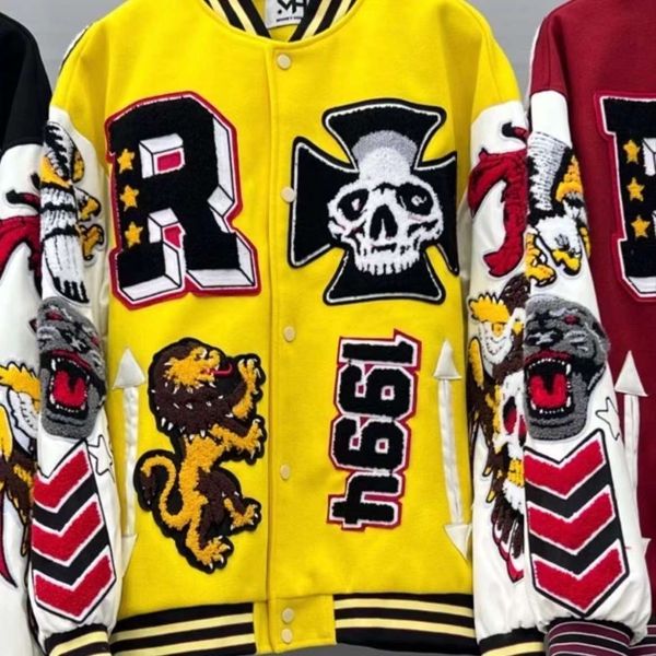 

stitched varsity men jackets letterman for skull sports baseball collar leather sleeve streetwear hip hop peace coats embriodery hw6u, Black;brown
