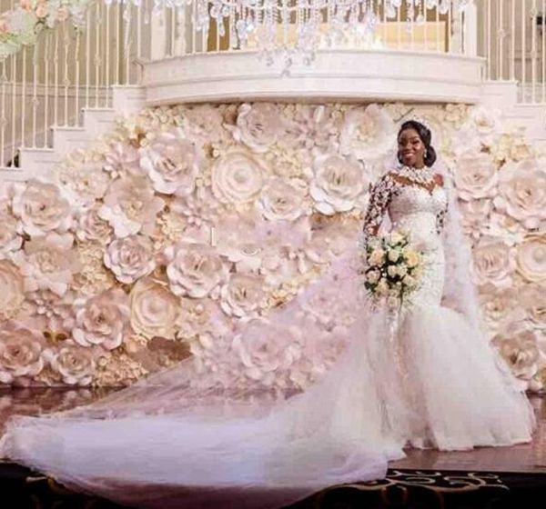 

cystal beading long sleeves vintage lace mermaid wedding dresses high neck appliques white wedding dress