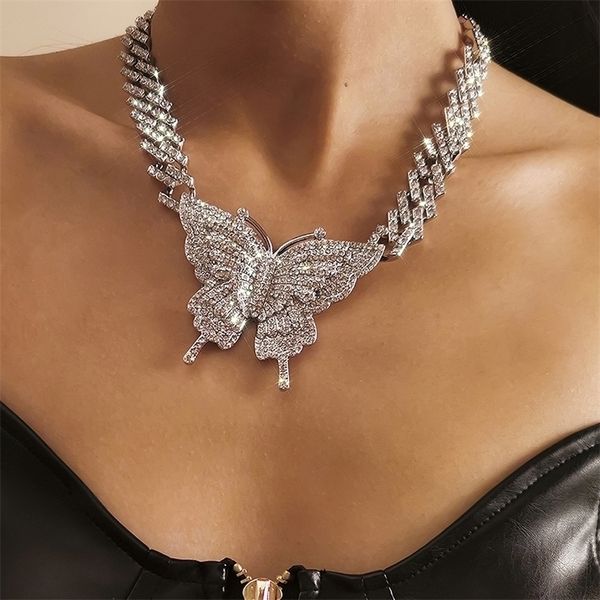 

pendant necklaces rillz cuban necklace with butterfly miami link iced out rhinestones bling hip hop jewelry for women men 221109, Silver