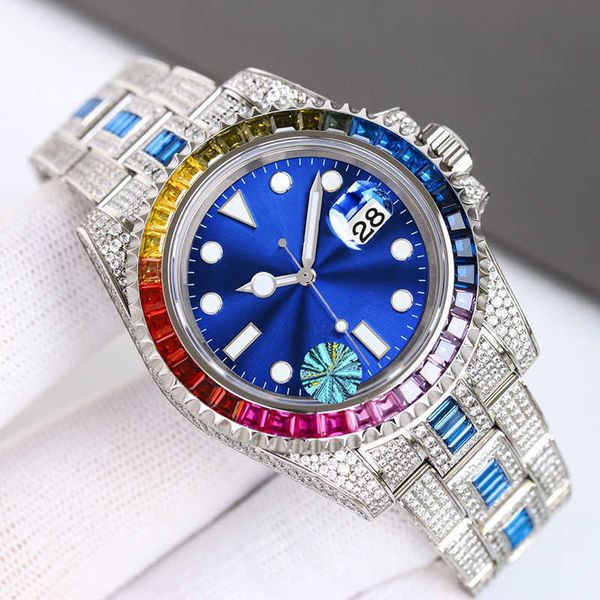 

2023wristwatches diamond mens watch 40mm automatic mechanical watch rainbow square diamonds dial sapphire dign wristwatch montre de luxe, Slivery;brown